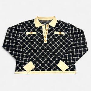 Ell And Emm Monogram Knit Sweater M Black Ivory Collared Quarter Button EE